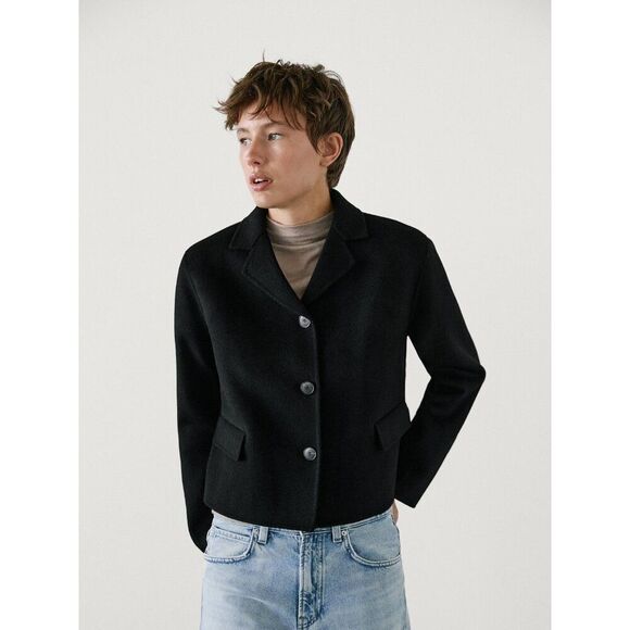 Massimo Dutti Mens Blazer Jacket M Black Textured Wool Blend Coat 6410/730 NWT - Picture 1 of 10